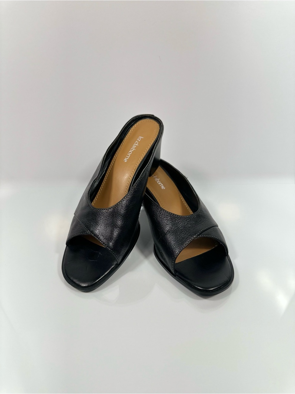 Liz Claiborne Black Leather Peep Toe Mules Block Heel Slide Sandals Size 6.5M